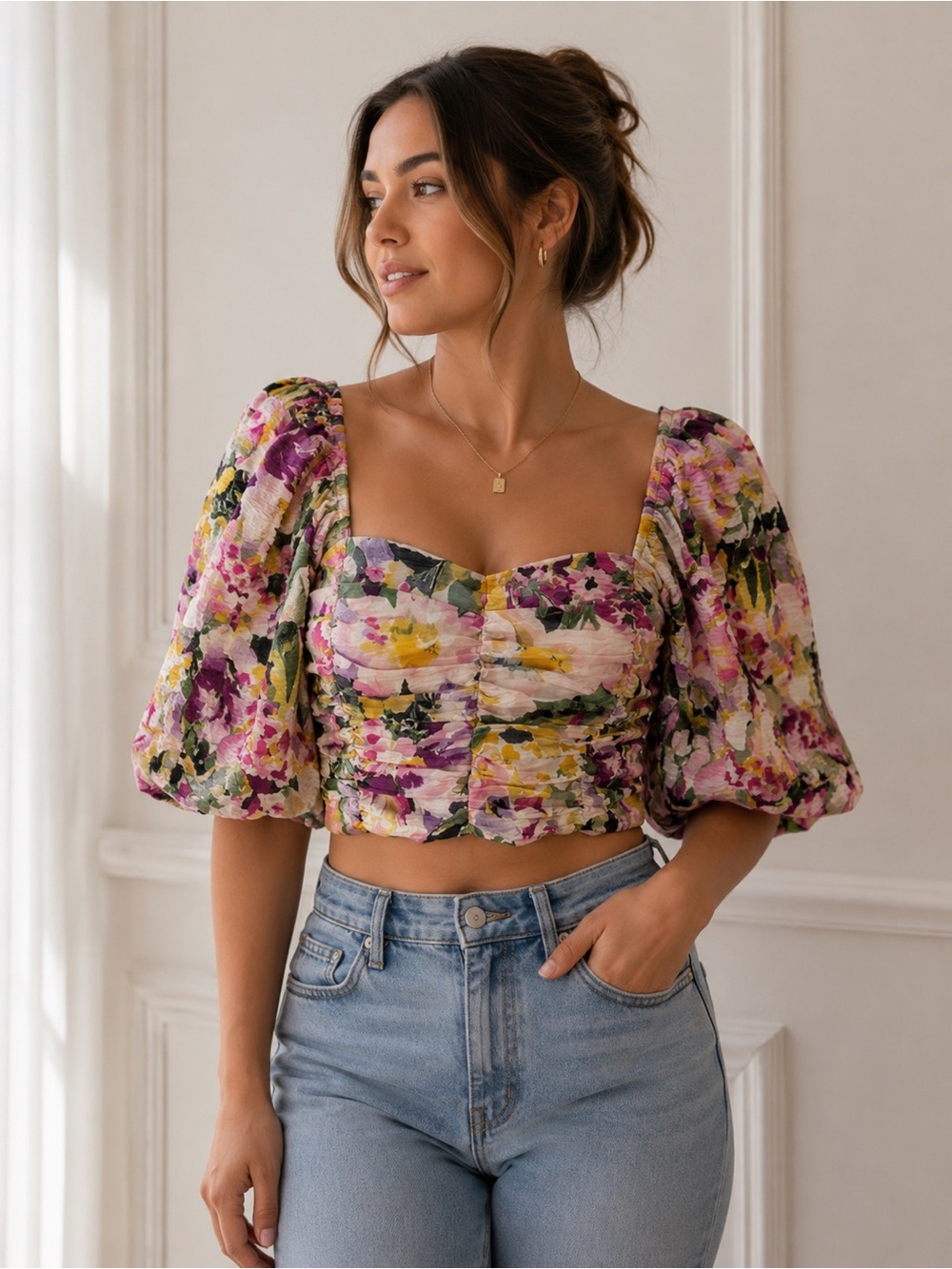 NWT H‎ & M Puff Sleeve Floral Crop Top Size XL